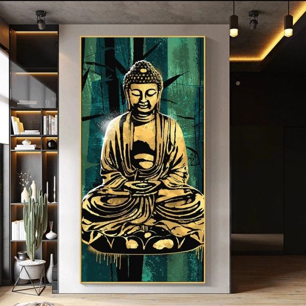 Tamanho grande estátua de buda pintura em tela posters arte da parede fotos para sala estar moderna decoração casa entrada pintura