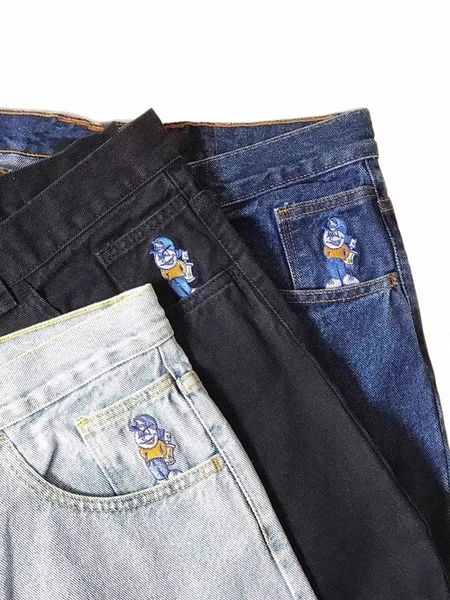 Big Boy Jeans Y2K Hip Hop Gótico Carto Gráfico Bordado Baggy Jeans Calças Pretas Mens Womens Harajuku Cintura Alta Calças Largas 50Du #