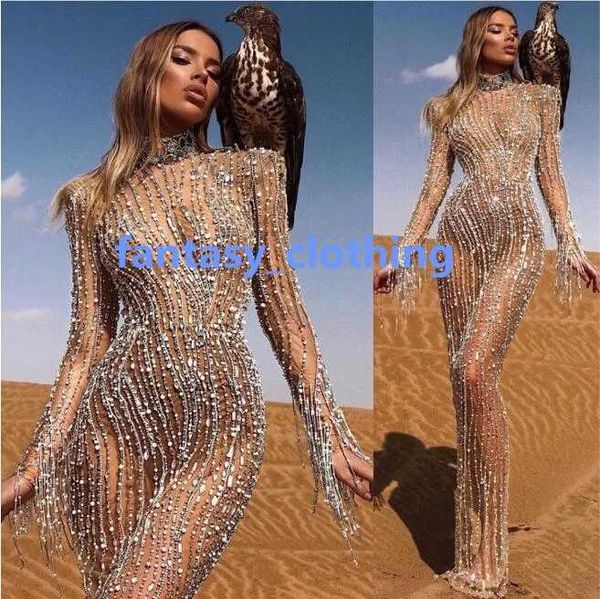 2022 verão nova moda brilhante cristal franja longa sequência vestido de noite luxo celebridade festa glitter vestido de baile