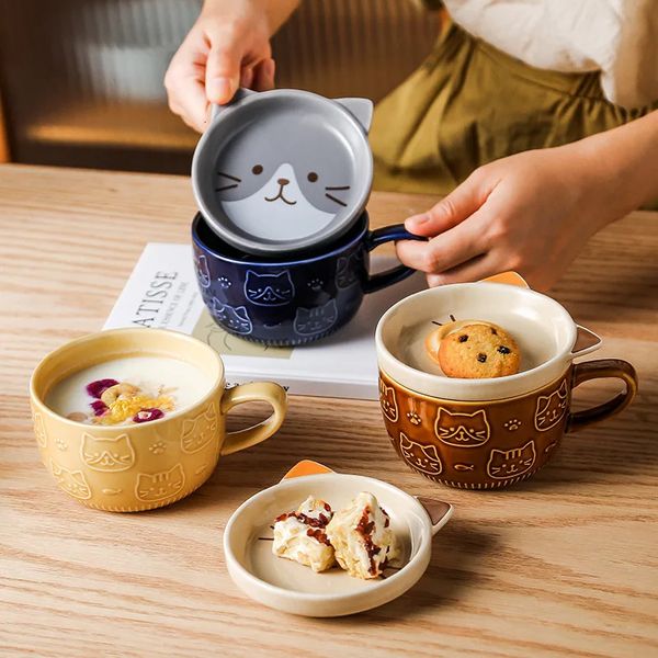 Японская мультипликационная кофе кофейная кружка с кошачьей крышкой маленькое блюдо милый завтрак чашка Creative Coffee Cup Cup Gift для девочки 240326