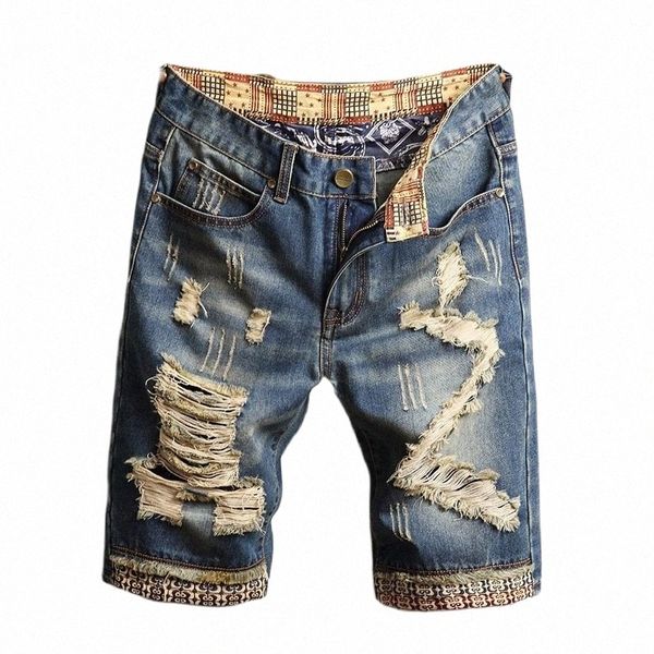 2023 verão novos homens vintage rasgado jeans curtos streetwear buraco magro denim shorts masculino roupas de marca tamanho 28-30 31 32 33 34 36 38 t2RD #