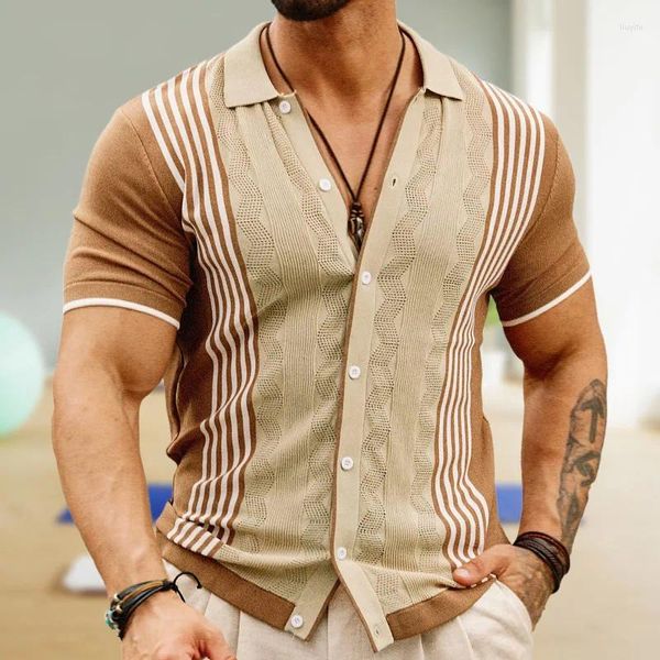 Camicie casual da uomo Top in seta di ghiaccio con stampa a righe alla moda Top da uomo estivi traspiranti a maniche corte in maglia sottile per maglieria da uomo camicia vintage