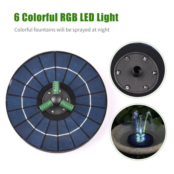 Banhos 4W Bomba de fonte solar colorida com bico giratório de 360 ° RGB LED luz solar bomba de água fonte circular para jardim pequeno lago