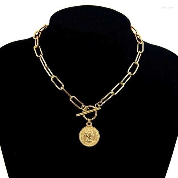 Anhänger Halsketten Frauen Münze Halskette Gold Farbe Metall Medaillon Elizabeth Für Frauen Chunky Kette OT Toggle Choker