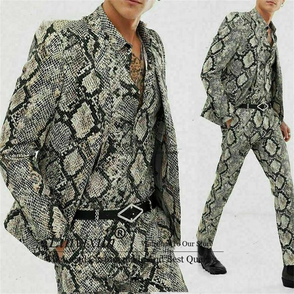 Abiti da uomo stampati con stampa serpente Slim Fit Club Bar Wear Uomo Blazer Smoking Business Fashion 2 pezzi Giacca Pantaloni Abiti da sposo 240318