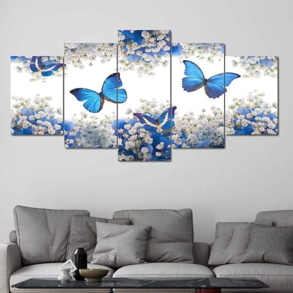 Pintura em tela de borboleta azul, 5 painéis, flor branca, posteres e impressões, imagens de campo floral para sala de estar, decoração de casa, arte de parede