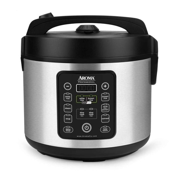 Aroma Houseware ARC-1120SBL Smartcarb Cool Touch Многофункциональная пароварка для риса из нержавеющей стали, медленное тушение с внутренней кастрюлей с антипригарным покрытием и поддоном для приготовления на пару, 20 чашек