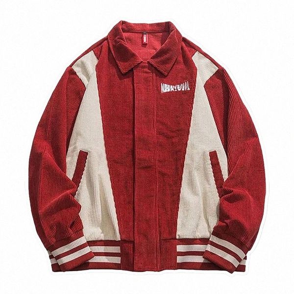 Corduroy College Jackets Men Primavera Outono Casual Fi Red Baseball Outwear Mens Retro Patchwork Color Block Varsity Coats B64H #