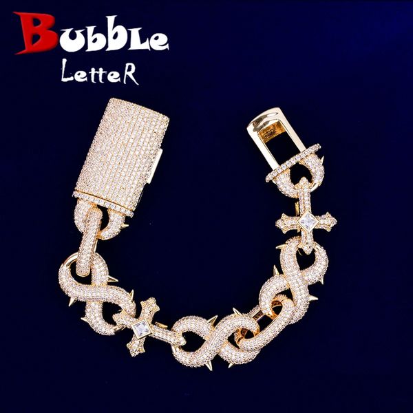 Bolha Carta Prong Cruz Infinito Pulseira Link Cubano para Mulheres Dois Tons Zircônia Cúbica Iced Out Encantos Hip Hop Jóias 240323