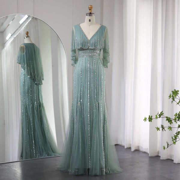 Dubai sharon sereia disse sábio verde vestidos de noite com capa com decote em v árabe 2024 elegante feminino vestidos de festa de casamento ss284