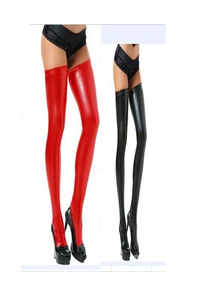 Kadınlar Siyah Kırmızı Gümüş PVC sahte deri çoraplar Lady039s ıslak görünümlü lateks uyluk yüksek çoraplar egzotik seksi iç çamaşırı ds clubwear9395373