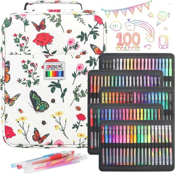 Conjunto de canetas de gel com 100 canetas de desenho coloridas, incluindo 94 6 recargas de combinação de arco-íris com mistura de glitter para adultos