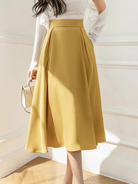 Saias vintage midi mulheres 2024 primavera verão cintura alta plissada guarda-chuva saia fashions y2k feminino estilo coreano roupas