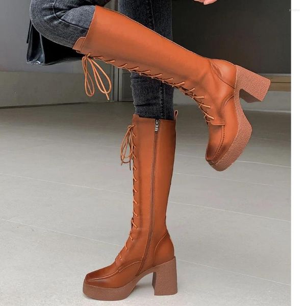 Stiefel Marke Mode Frauen Mittlere Waden Plattform Chunky High Heels Schnürsenkel Zip Weibliche Britischen Stil Herbst Winter Schuhe