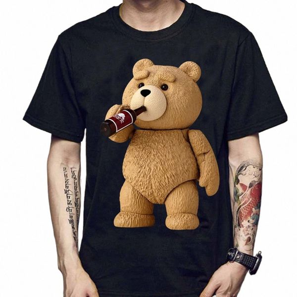 Impressão masculina bonito urso de pelúcia bebendo cerveja cartaz camiseta verão manga curta topo cott camiseta legal topo streetwear v3eb #