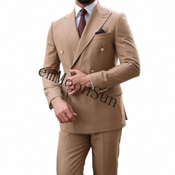 kaki doppio petto abiti maschili slim fit 2 pezzi migliori abiti da uomo smoking maschile per la cerimonia nuziale usura dello sposo pantaloni giacca costume homme J845 #