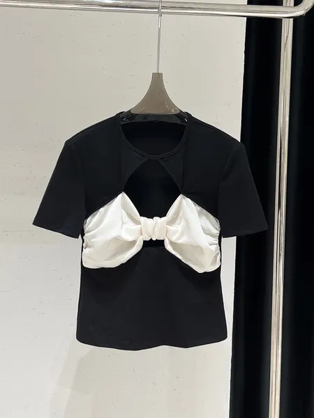T-shirt da donna Color Blocking Arco tridimensionale decorato Top corti Alla moda Cento Y2K Hollow Slim Abbigliamento donna 2024