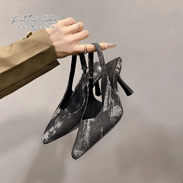 Prägnante Denim-Slingback-Sandale für Damen, modisches Kleid mit gebürstetem Effekt, Damen-Pumps, lässig, spitze Zehe, Slip-on-Schuhe mit hohem Absatz, Übergröße 240320