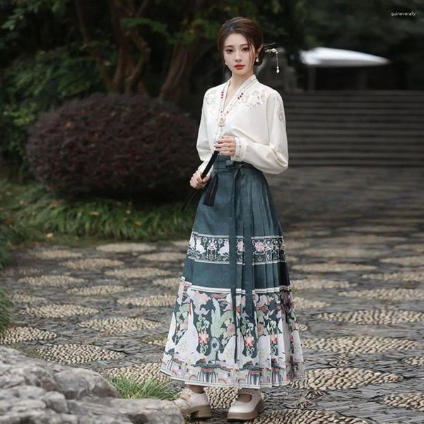 Vestidos de trabalho elegante saia longa terno feminino floral bordado hanfu traje conjunto com cara de cavalo v pescoço superior rendas para mamianqun