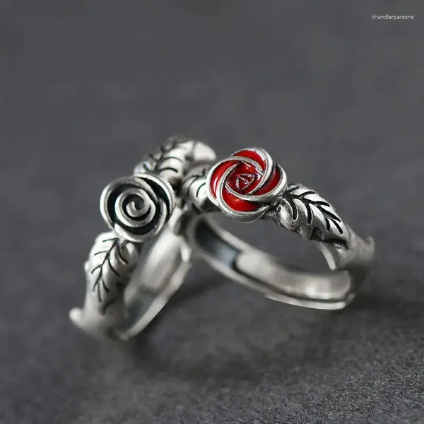 Cluster Ringe Vintage Silber Farbe Rote Rose Blume Verstellbarer Ring für Frauen Weibliche Mädchen Liebhaber Geschenke Verlobung Hochzeit Braut Schmuck