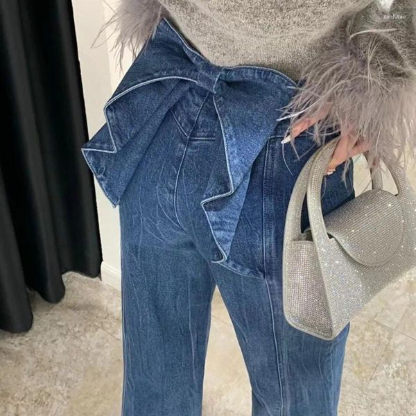 Kadın Kot Vintage Moda Bows Geniş Bacak Düz 2024 İlkbahar Yaz Modaya Ürünler Yüksek Bel Denim Pantolon Kadın