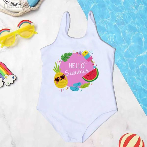 Maiôs de uma peça Hello Summer Girls para bebês de 2 a 7 anos, maiô de uma peça, biquíni fofo, roupa de praia, festa na piscina, roupa de banho 24327