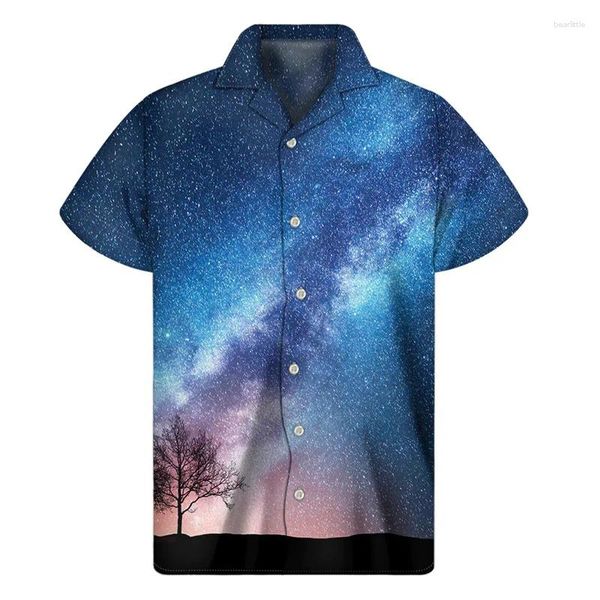 Camisas casuais masculinas Night Sky Milky 3D Imprimir Camisa Havaiana Homens Verão Lapela Moda Manga Curta Top Tees Street Oversized Button Blusa