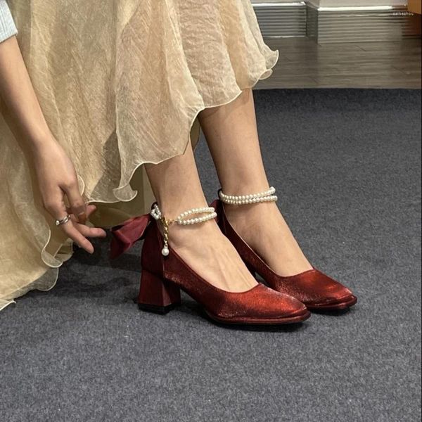 Sapatos de vestido estilo francês mary jane salto alto mulheres cetim bowknot pérola fivela salto grosso único festa casamento