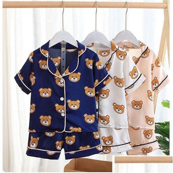 Kleidung Sets Sommer Kinder Pyjamas Set Baby Anzug Kinder Kleidung Kleinkind Jungen Mädchen Satin Cartoon Kurzarm Tops Hosen Hause tragen1 Dhtkh