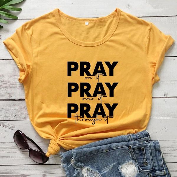 Damen-T-Shirts „Pray On It Over Through“-T-Shirt, lässiges Kirchen-Gebets-T-Shirt für Frauen, religiöses christliches Bibel-T-Shirt