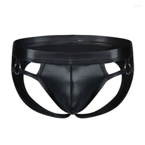 Cuecas masculinas cuecas sexy roupa interior de couro artificial jock cinta g-strings