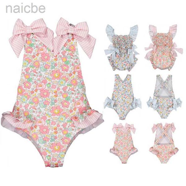 Einteiliger Baby-Badeanzug für Mädchen, 23 Sommer, neuer Mädchen-Badeanzug, Baby-Einteiler-Badeanzug, blau-rosa Druck, süßer Strand-Badeanzug 24327
