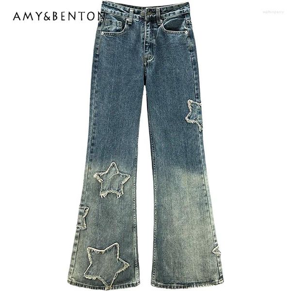 Frauen Jeans Lange Boot Cut Hosen Hosen 2024 Herbst Hohe Taille Slim Fit Ins Mode Stil Star Mop Breite bein Kleidung