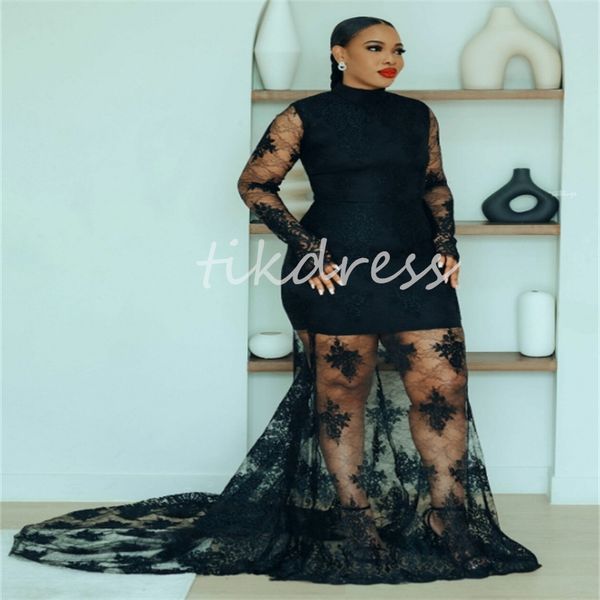 Plus Size Schwarzes Vollspitze-Abschlussballkleid Schwarze Mädchen 2024 Durchsichtige Langarm-Abendkleider Meerjungfrau Formelle Zeremonie Geburtstagsparty-Kleider Elegante Abendkleider