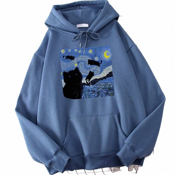 The Starry Cat Night Impressão Hoodies Homens Outono Oversize Hoodie Fi Fleece Moletons Casual S-Xxl Pulôver Tops O7hS #