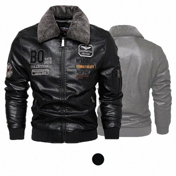 мужская кожаная куртка Fi высокого качества со съемным меховым воротником осень и зима толстое пальто оригинальная вышитая мужская одежда w7gS #