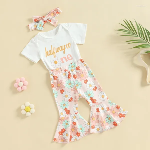 Conjuntos de roupas Criança Bebê Menina Aniversário Outfit Doce Um Dois Três Bodysuit Camisa Top Floral Flare Pant Headband Party Roupas