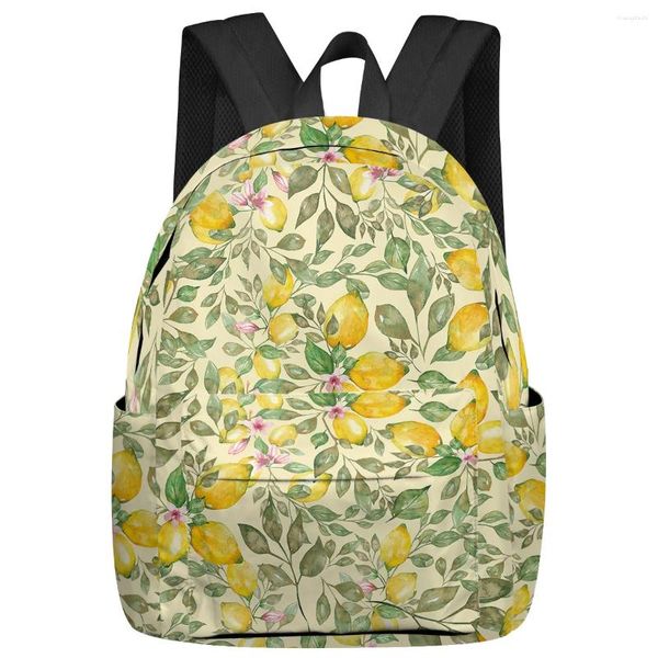 Rucksack Obst Aquarell Zitrone Rosa Blume Frauen Mann Rucksäcke Wasserdichte Schule Für Studenten Jungen Mädchen Laptop Taschen Mochilas