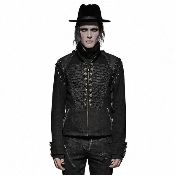 punk RAVE Steampunk Uniforme militare da uomo Cappotto corto Nero Rosso Tessuto denim Maniche rimovibili Giacca Retro Rock Abbigliamento L4Ch #