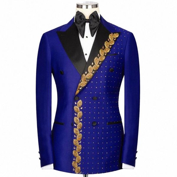 Royal Bräutigam Hochzeit Anzüge Formelle Smoking Gold Applikationen Perlen Blazer Hosen 2 Stück Männlich Fi Prom Party Abend Kleidung 15R8 #