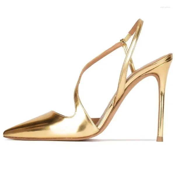 Kleidschuhe Sexy hohle spitze Zehe Cross Strap Damen Pumps Gold Metallic Leder Absatz Bonbonfarben 12 cm Club Größe 46