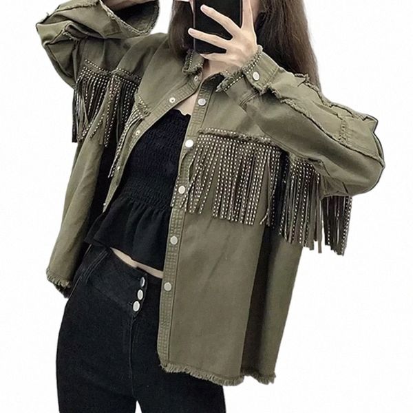 2023 Fi Fringe Vintage Frisado Solto Jaqueta Jeans Casaco Mulheres Borla LG Manga Desfiada Guarnição Senhoras Outerwear Chaqueta Mujer x4HF #