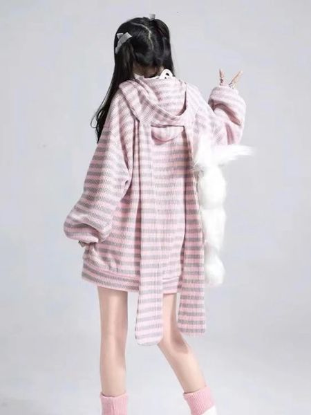 HOUZHOU Y2k Harajuku Kawaii cardigan lavorato a maglia moda giapponese carino dolce striscia orecchio di coniglio allentato cerniera cappotto morbido ragazza 2023 top 240311