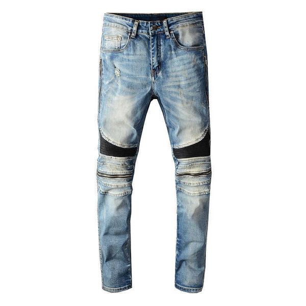 Street Trend Joelho Dobre Azul Feitiço Branco Couro Zíper Jeans Elástico Slim Fit Costurado Calças de Motocicleta