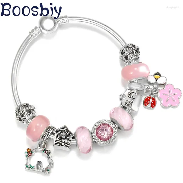 Charm-Armbänder, rosa Blumen, Honigbienen, Perle mit schönem Vogel-Anhänger, passend für DIY-Modemarken-Armbänder für Frauen, Kinder, Schmuck, Geschenk