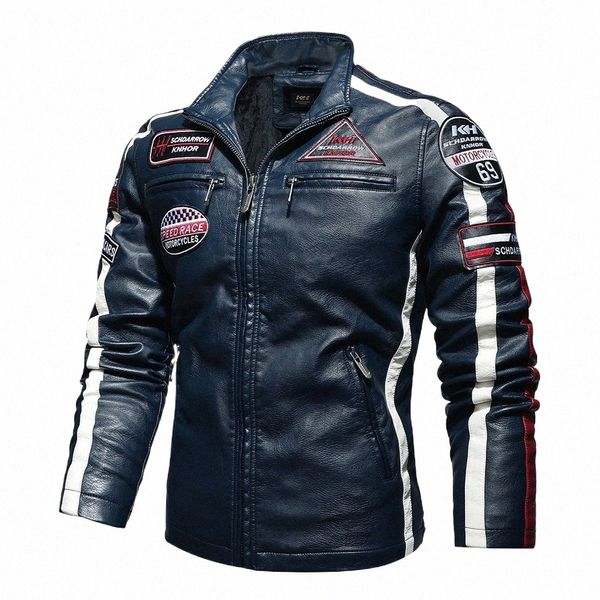 Giacca da moto vintage da uomo New Fi Streetwea Biker Giacche in pelle Ricamo maschile Bomber Winter Fleece Racing PU Cappotti