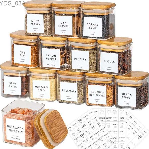 Depolama Şişeleri Kavanozlar 5oz Cam Kavanozlar Baharat Etiketleri ile SetSquare Spice Kavanozları Bambu Kapakları/Çıkartma Etiketleri Gıda Depolama Konteyneri Teneke kutular 240327