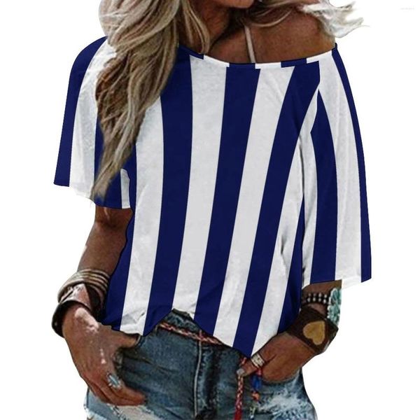 Женские футболки, классическая темно-синяя и белая большая вертикальная футболка в полоску с рюшами и короткими рукавами, модная повседневная футболка с принтом