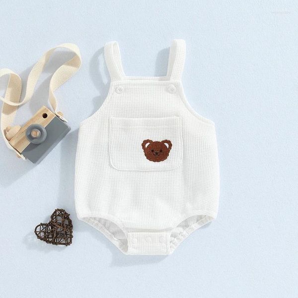 Macacão nascido neutro bebê menino menina roupa sem mangas waffle macacão urso padrão macacão com bolso roupas de primavera