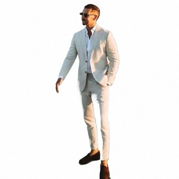 Lino Uomo Abiti da sposa Risvolto con risvolto Smoking dello sposo estivo Giacca maschile Slim Fit Giacca da uomo con pantaloni 2 pezzi Y3Eu #